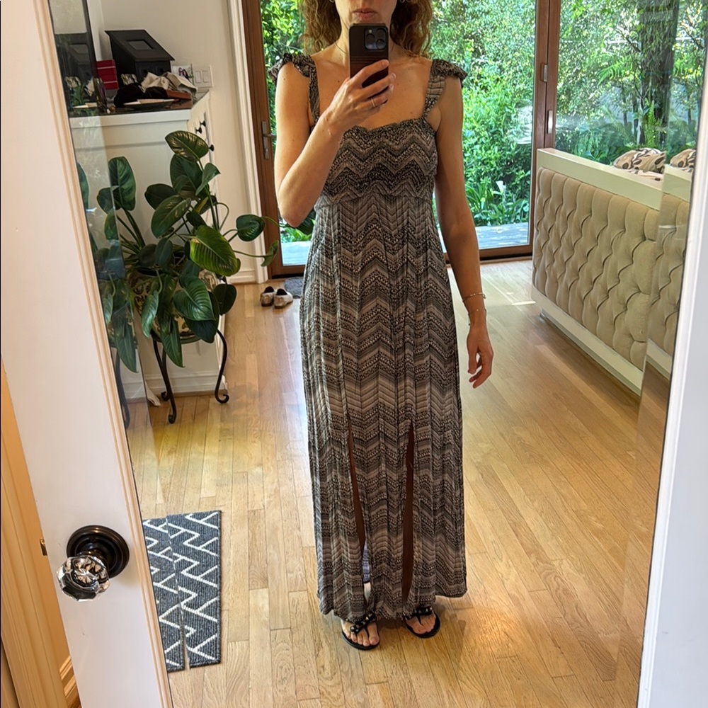 Tiare Hawaii Gray and Black Square Neck Maxi Sundress